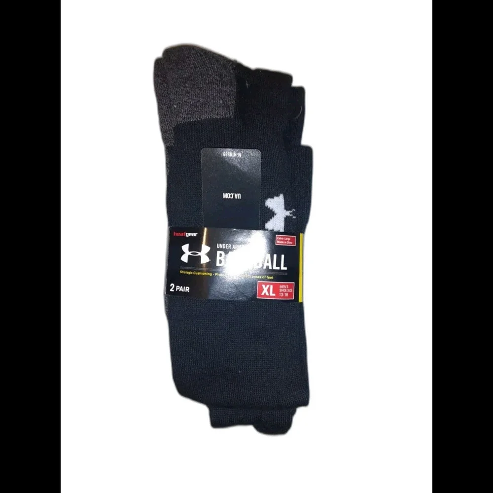 Under Armour Heat Gear Baseball 2 Pair Pack Men's Black Socks XL Size 13-16 NWT